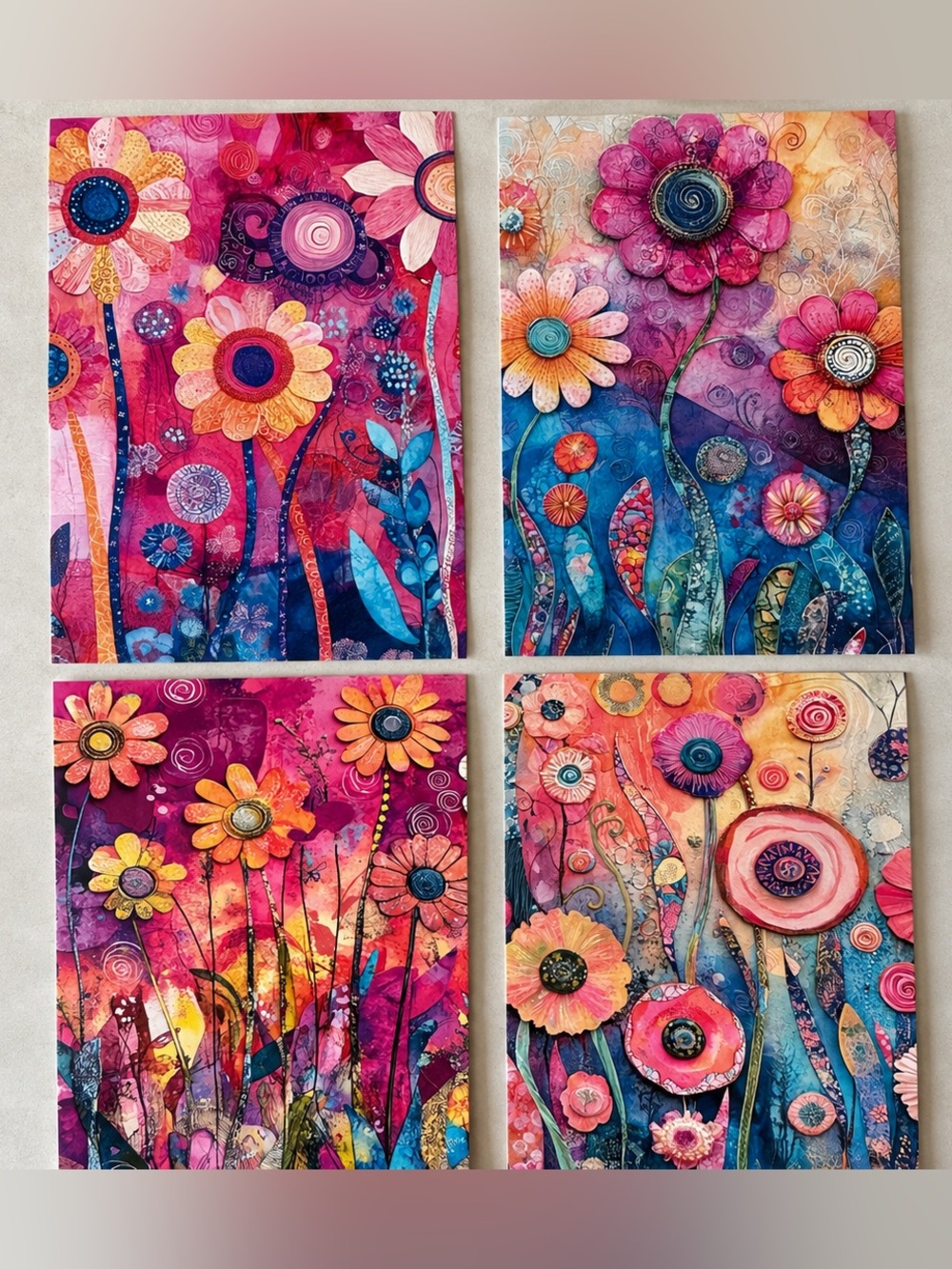 Set of 4 Whimsical Floral Art Cards 4x5.75 Boho Mixed Media Individually Sleeved